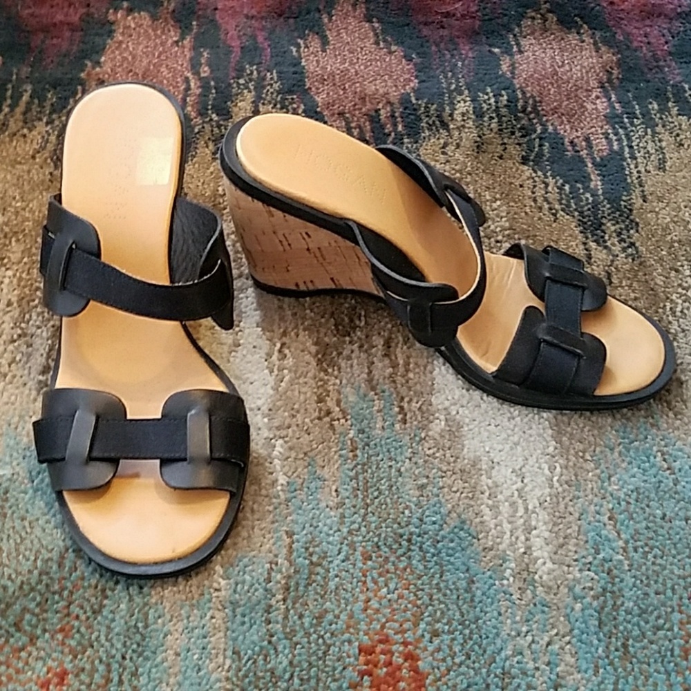 Hogan Leather and Satin Black Slide Wedge Sandals